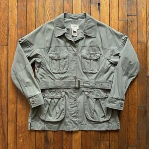 Vtg LL Bean Belted Military Sarafari Jacket Women Small Petite Green Gorp